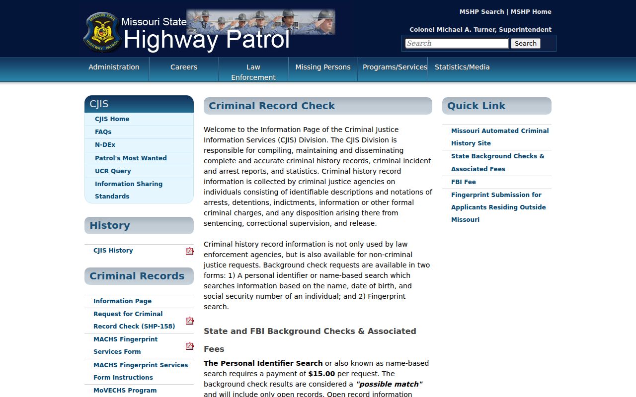 Missouri MACHS fields and fees distinguished from warrant status