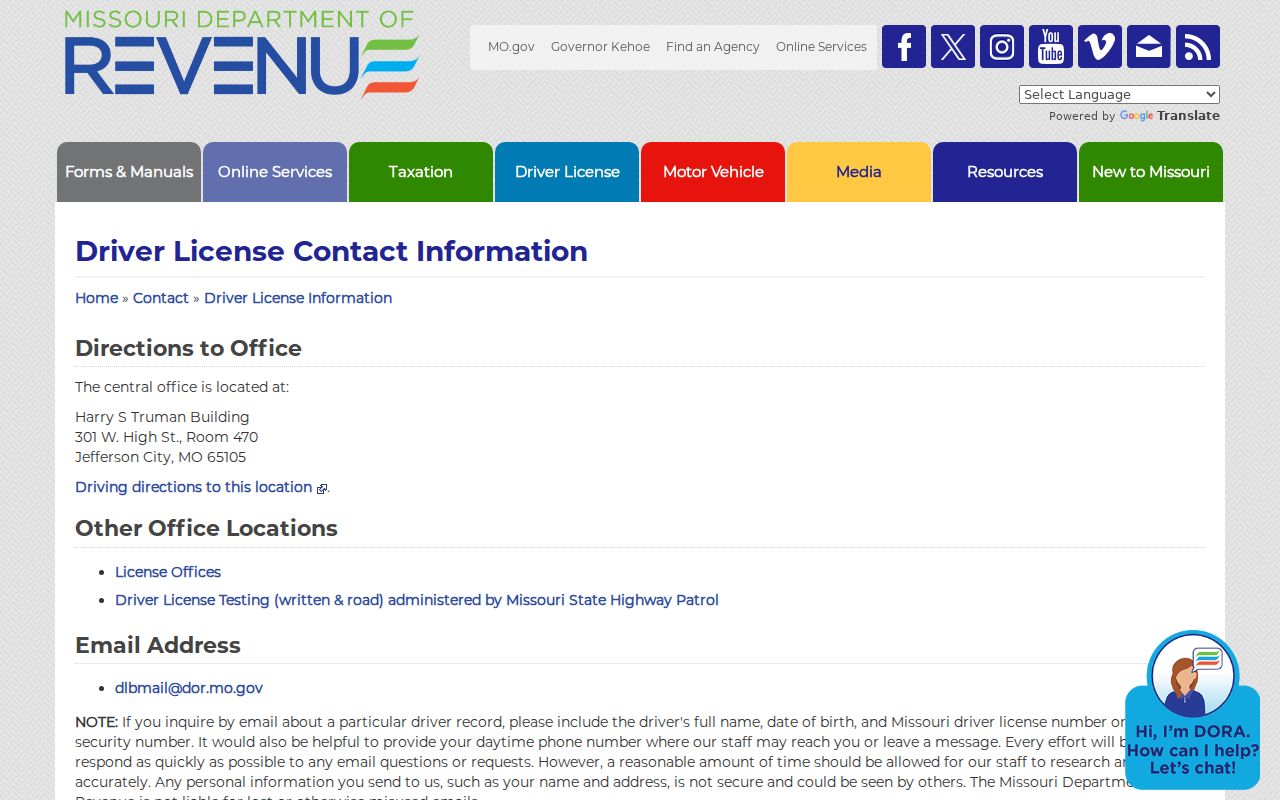 Missouri DOR driver license phone and fax contacts