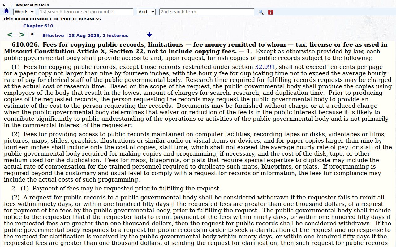 Missouri public record copy and research fee statute