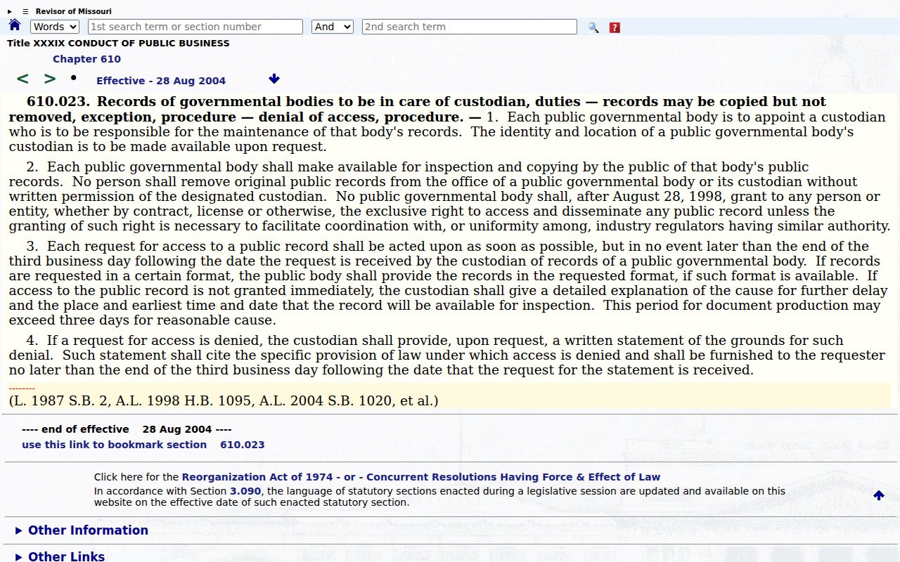 Missouri statutory public record response and access rule