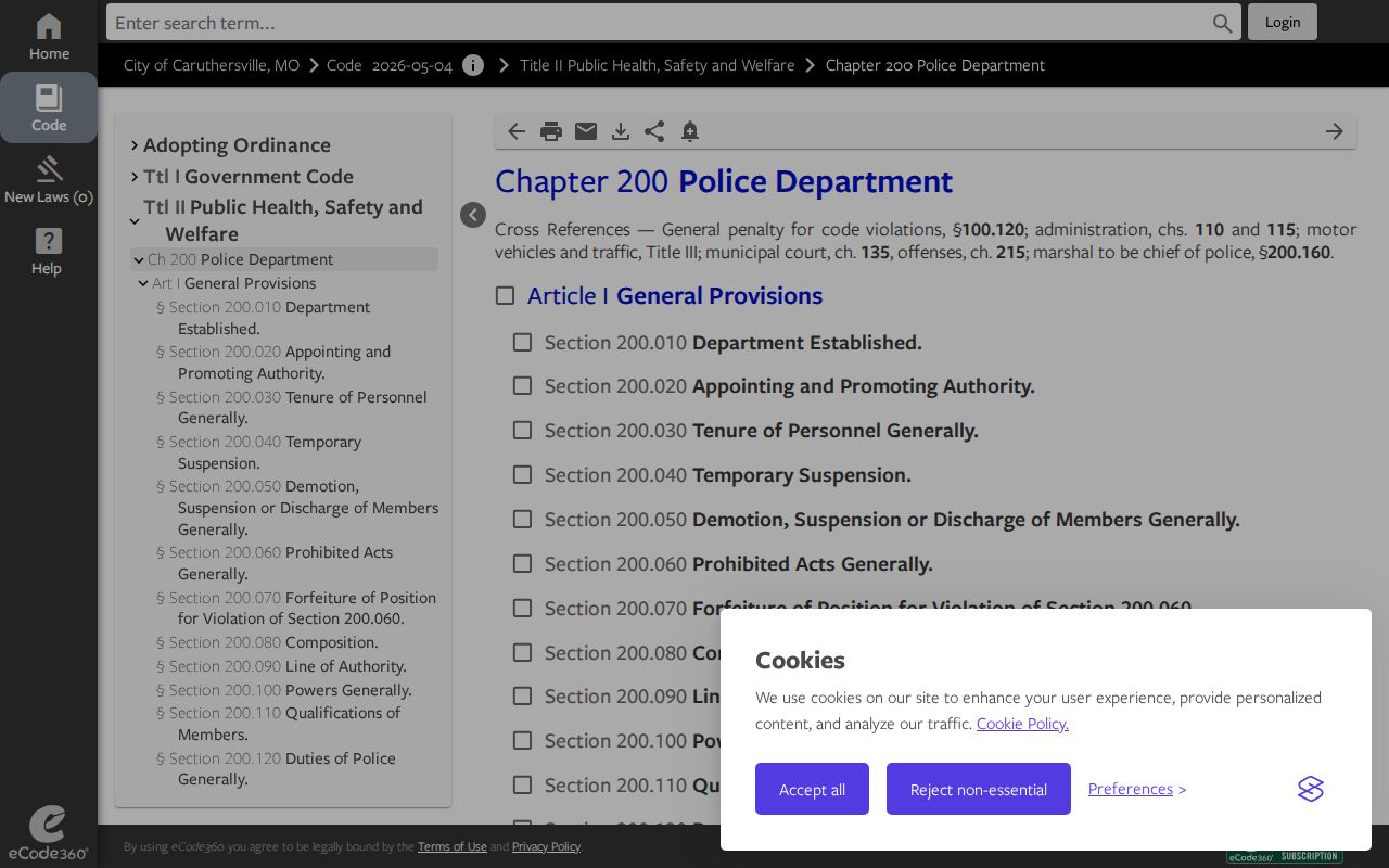 Caruthersville police code chapter and municipal service context