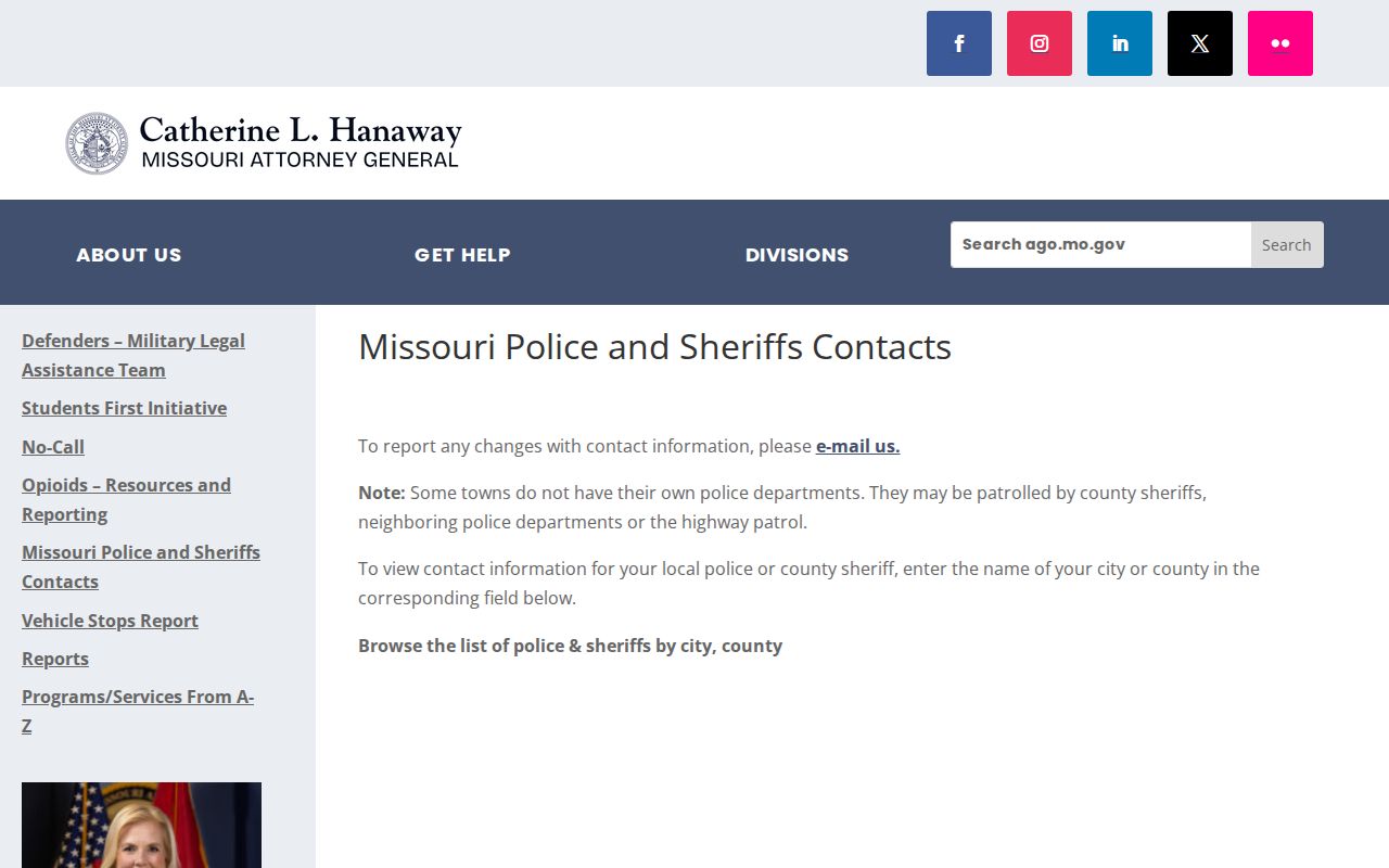 Missouri official local law enforcement directory for Hayti Heights routing