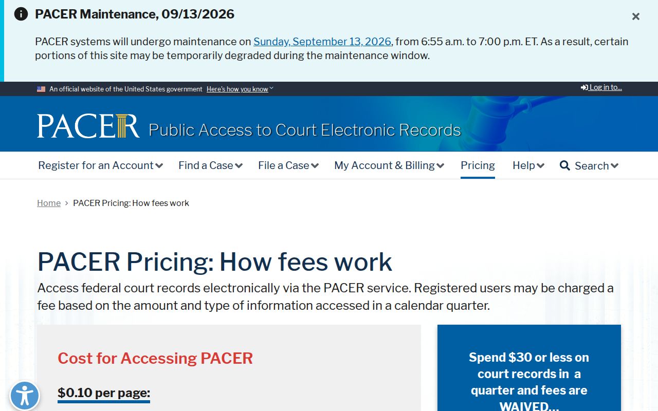 PACER federal court public access fee information