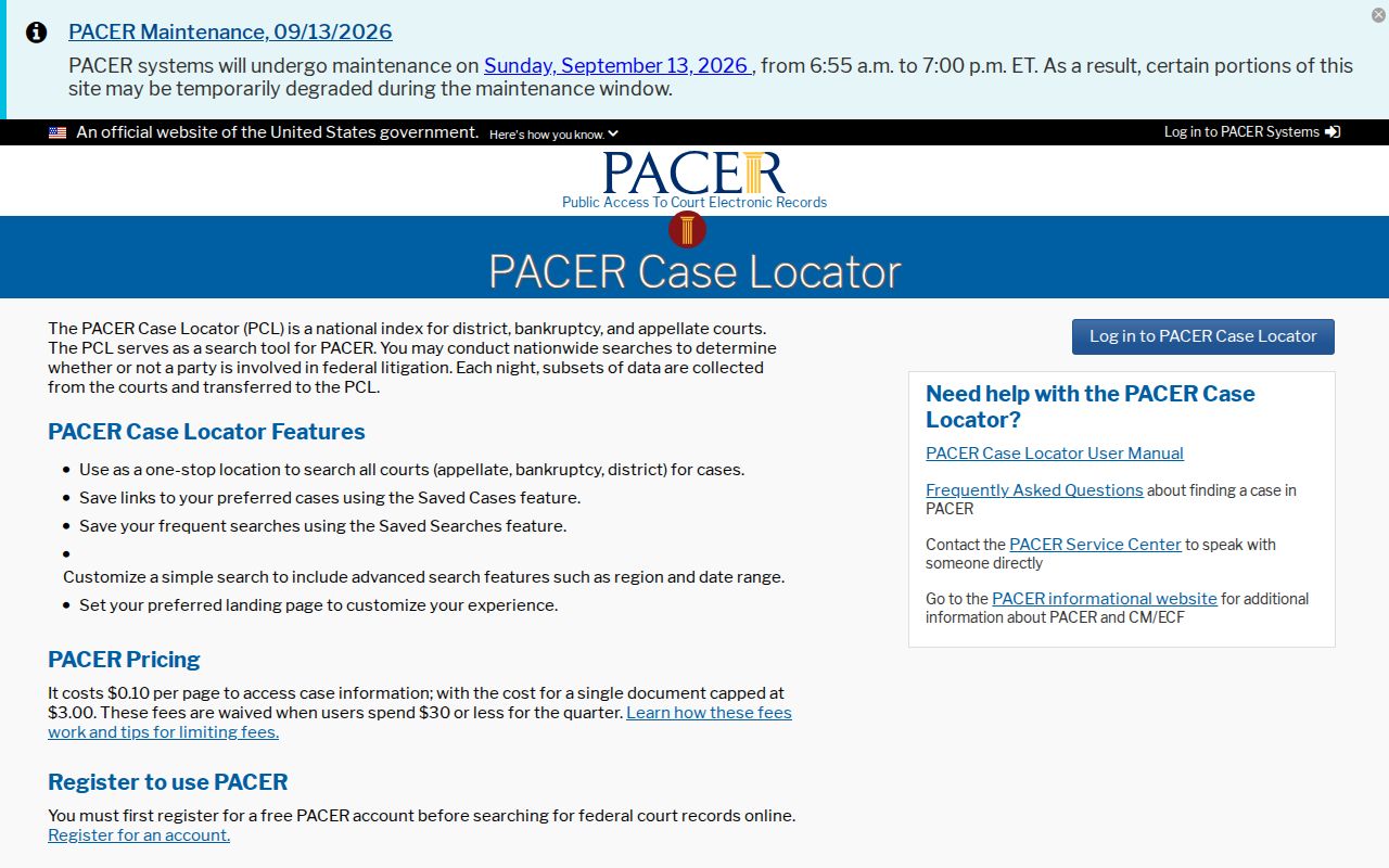 Federal public court search interface
