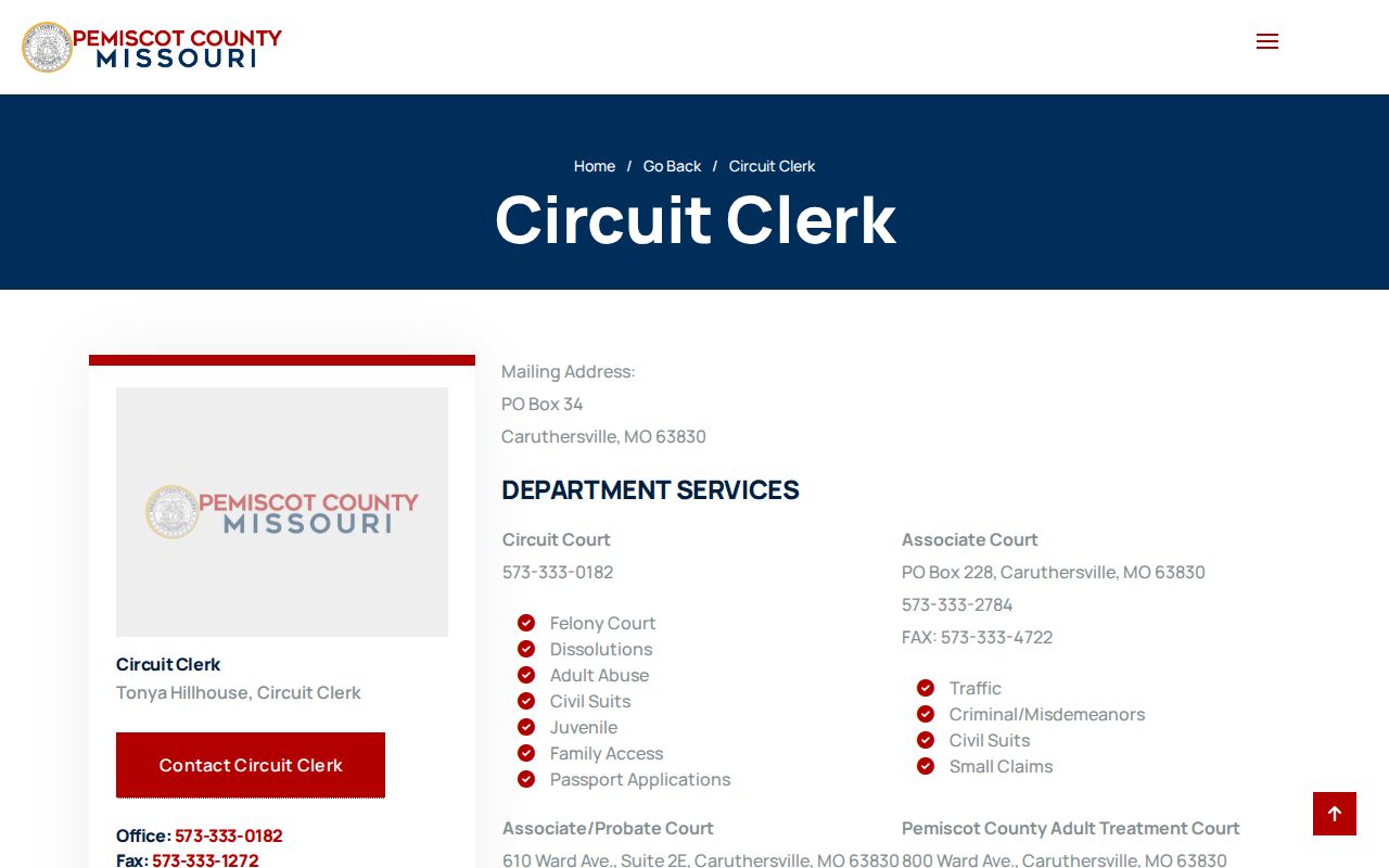 Pemiscot Circuit Clerk and associate court contacts